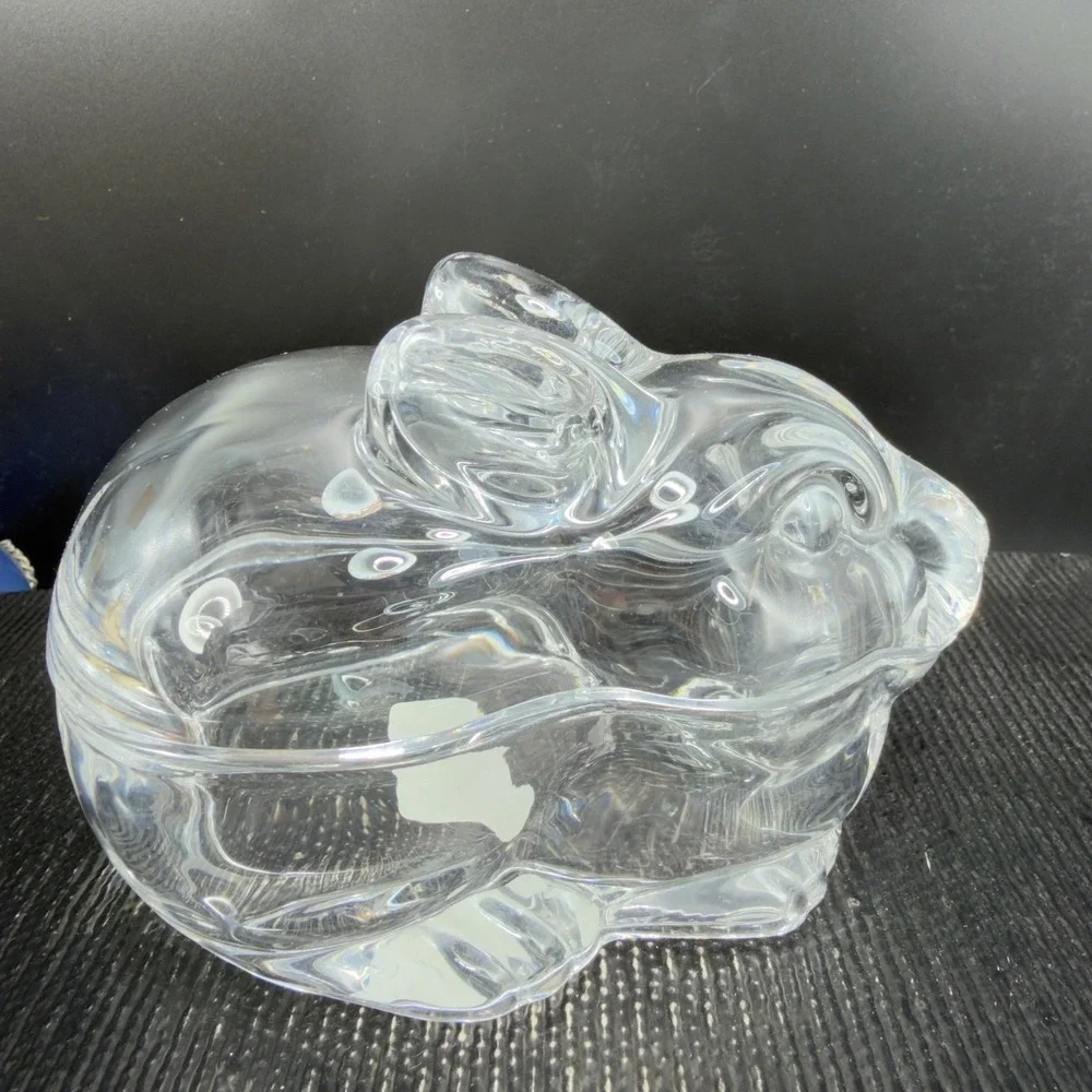 Crate & Barrel Clear Glass Covered Bunny Rabbit Candy Dish‎ Trinket Box NEW